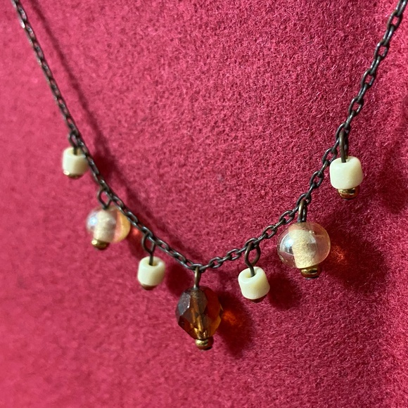 Brown colored metal necklace with cream and brown glass beads, 7", lobster claw. - Picture 3 of 6